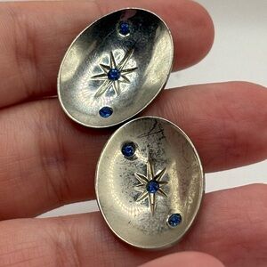 Vintage Jewelry Cufflinks Men's Starburst Blue Gem Art Deco Silver Tone MCM